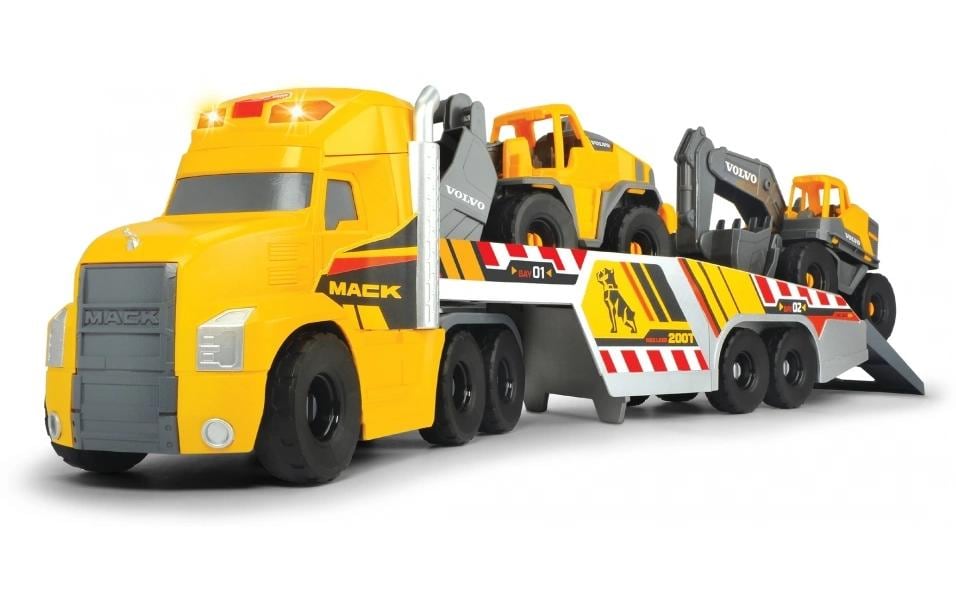 Dickie Toys Véhicule de chantier Grand camion Mack avec 2 véhicules Volvo