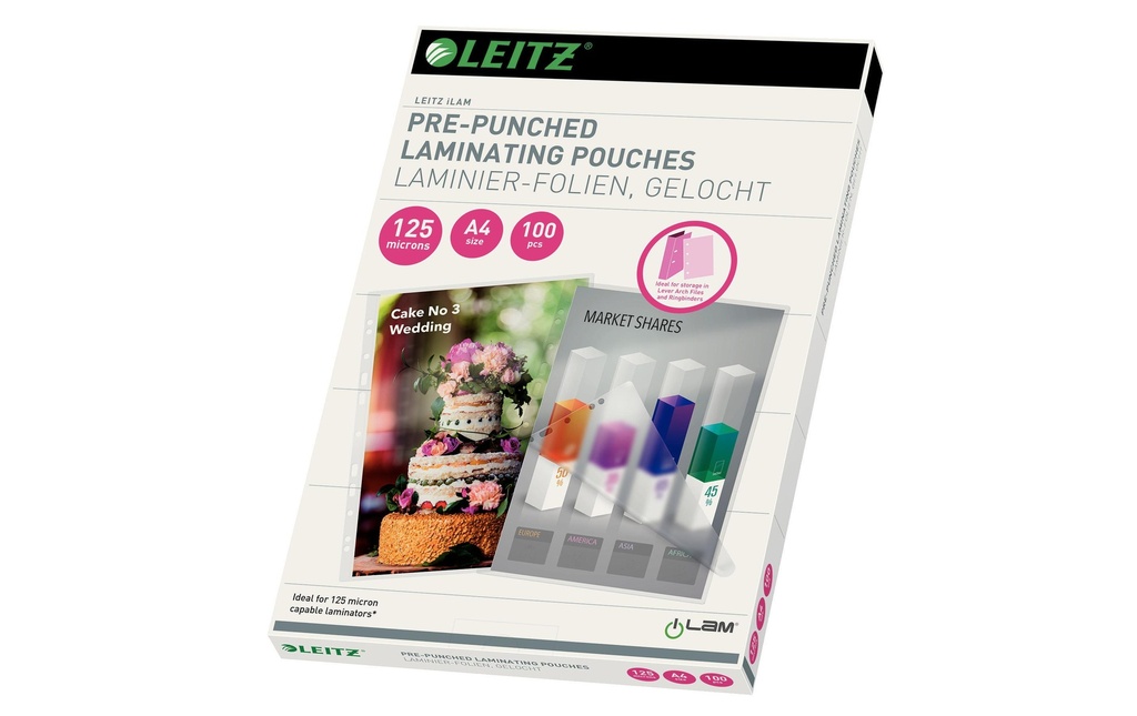 Leitz Film laminé A4, 125 µm, 100 pièces, brillant Perforation de classement