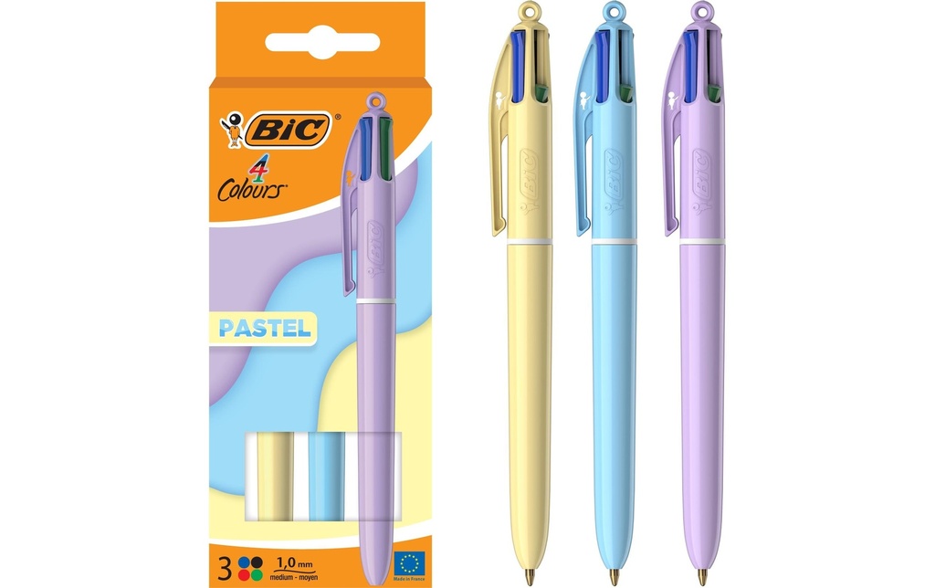BIC Stylo à bille multicolore 4 Couleurs Pastel 3 pièces