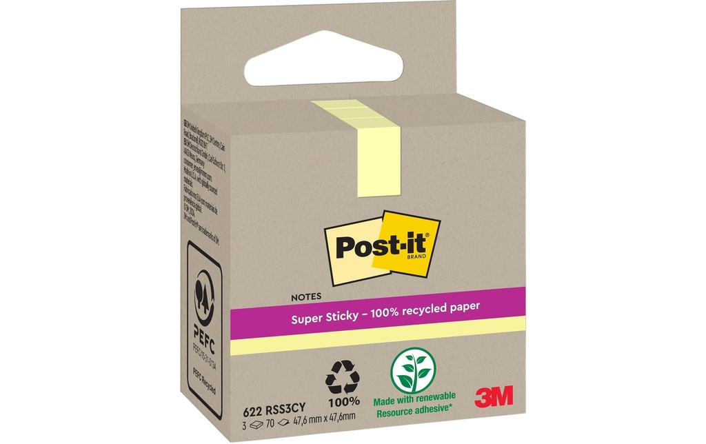POST-IT Super Sticky 622 recycl. jaune (3 pces)
