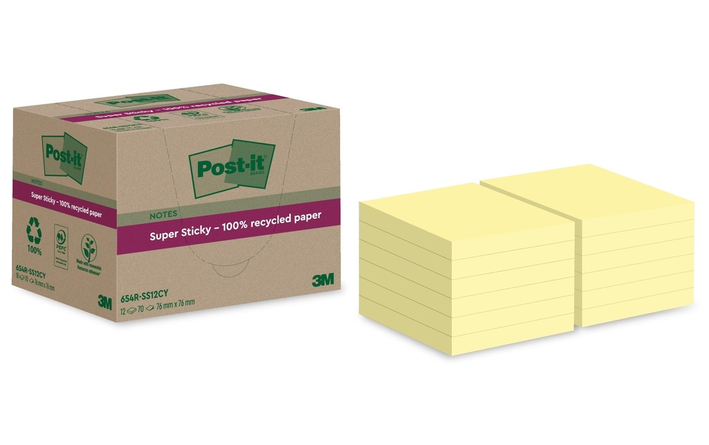 POST-IT Super Sticky 654 recycl. jaune (12 pces)