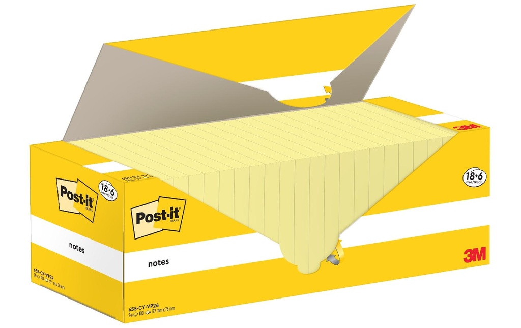 Post-it Fiche de bloc-notes 3M, 76 x 127 mm, 18+6 blocs, jaune
