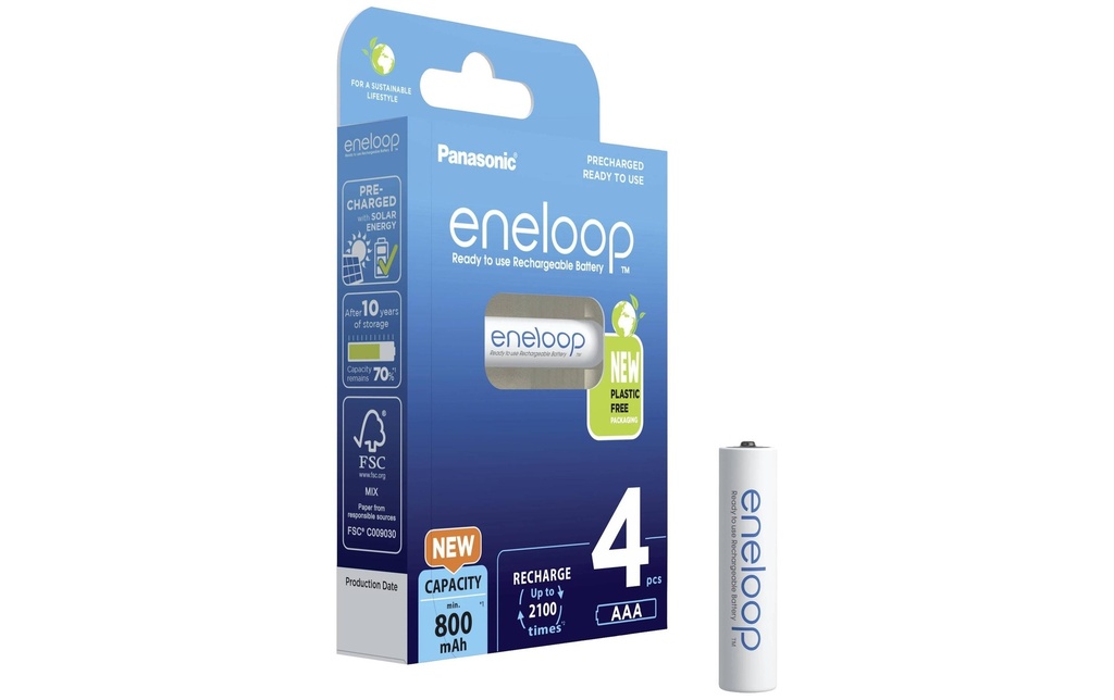 Panasonic Batterie Eneloop BK-4MCDE/4BE NiMH AAA 800 mAh, 4 Pièce/s