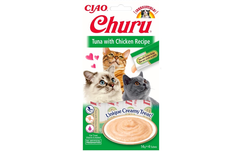 CIAO Churu Collation pour chat Purée de thon et de poulet, 4 x 14 g