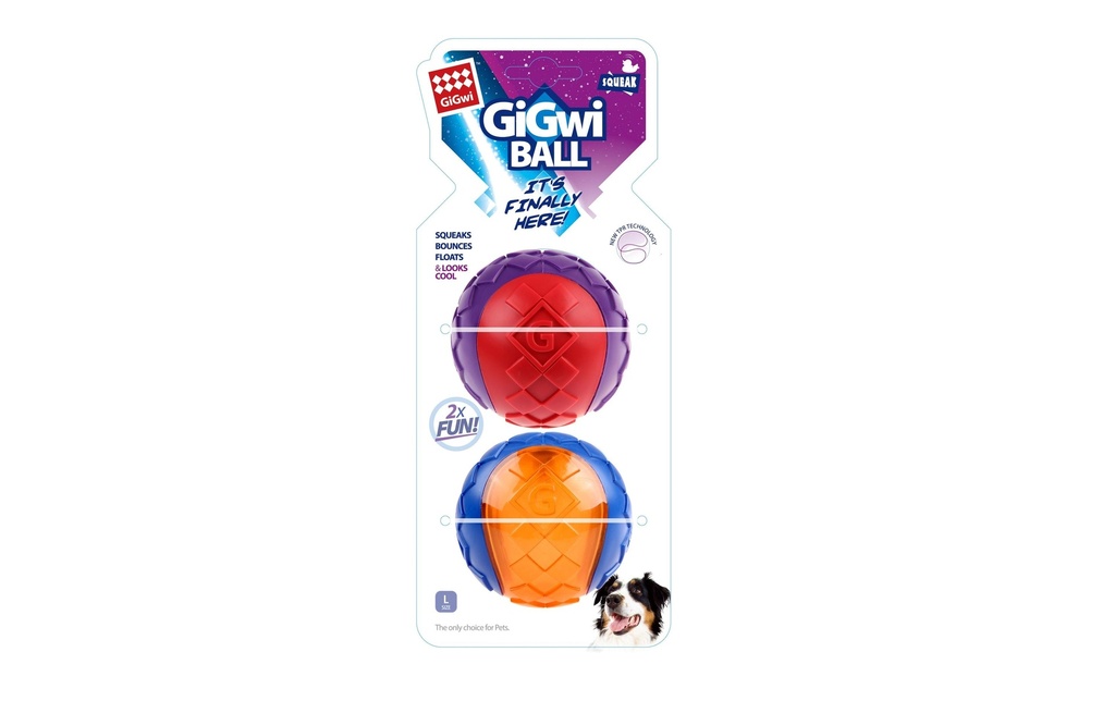 GiGwi Jouet pour chien Squeaker à balle, Bleu/orange et rouge/violet