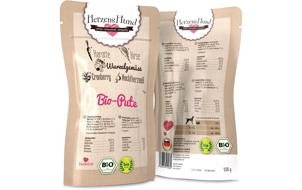 HerzensHund Alimentation humide Poulet bio avec légumes bio, 130 g