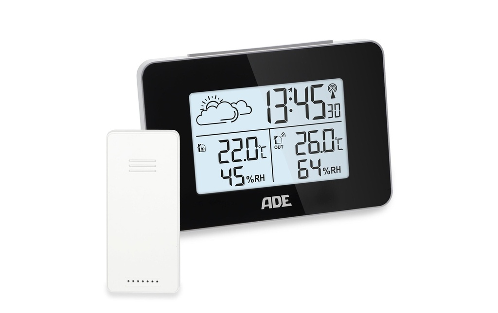 ADE Station météo avec capteur extérieur sans fil avec horloge radio DCF, noir
