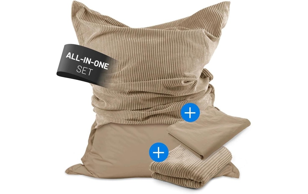Lumaland sac pour s'asseoir + housse en velours côtelé Beige, 380 l