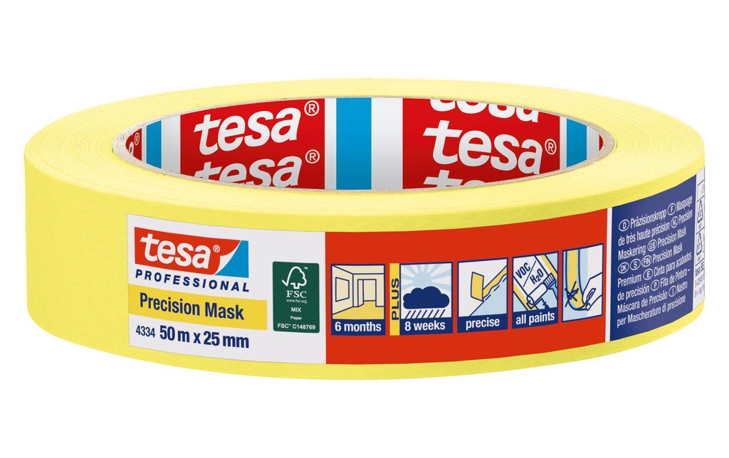 tesa Précision Crepe PLUS 50 m x 25 mm, jaune
