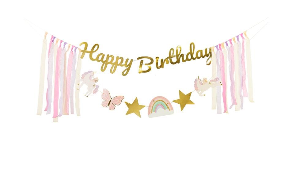 Partydeco Guirlande Joyeux anniversaire Licornes, rose/or, 230 x 17.5 cm