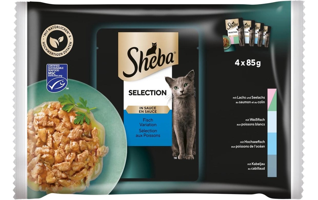 Sheba Alimentation humide Sélection Sauce Poisson Variation, 4 x 85g