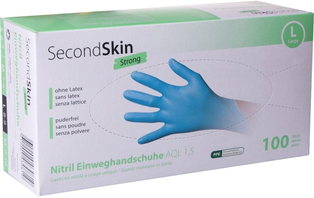 SecondSkin Gant jetable Nitril Strong L, Bleu, 100 Pièce/s