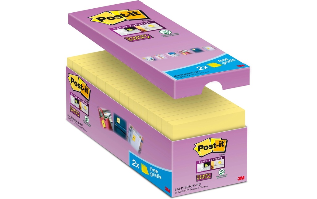 Post-it Fiche de bloc-notes Super Sticky 16 blocs, 7,6 cm x 7,6 cm, Jaune