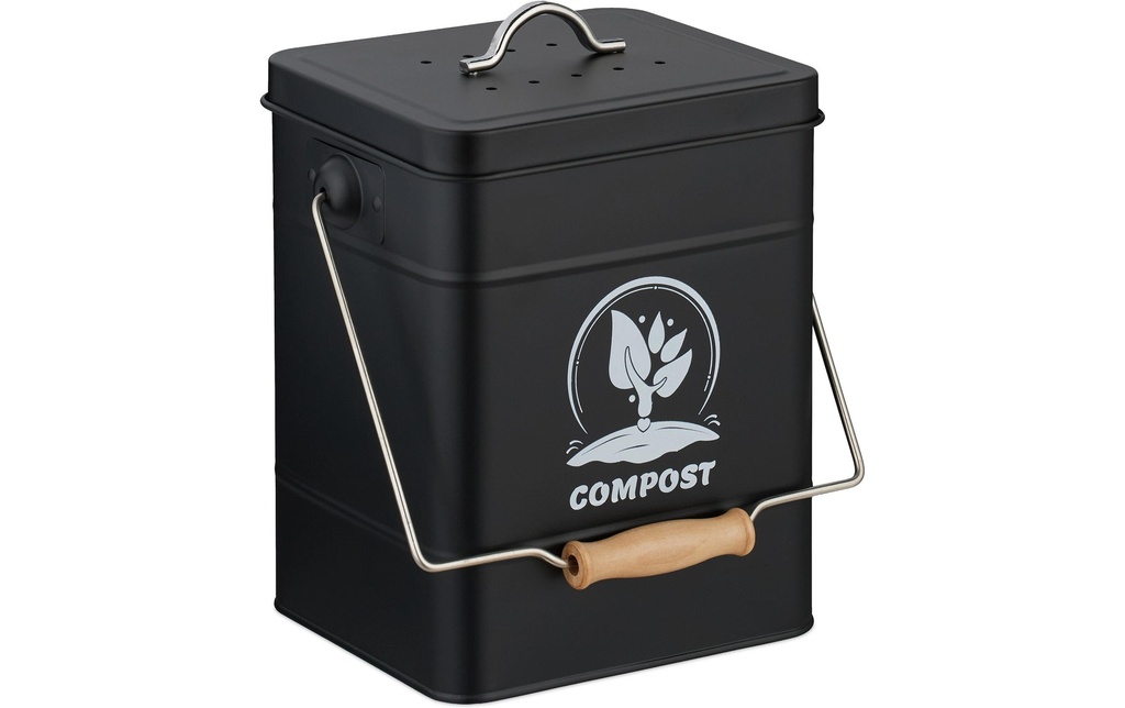relaxdays Seau à compost avec filtre anti-odeur, 6 l, Noir/Argenté