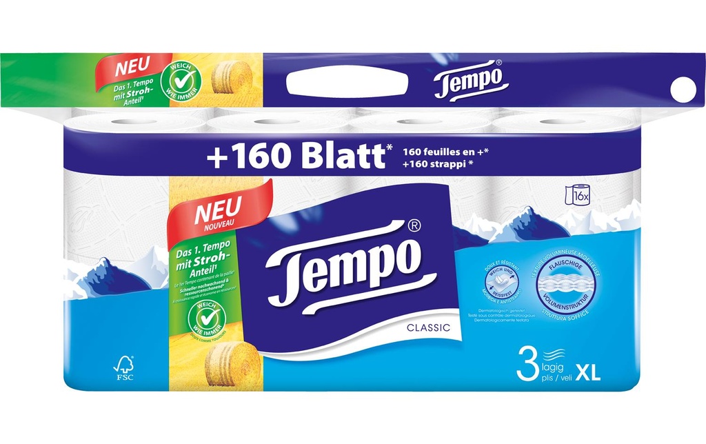 Tempo Papier toilette Classic 16 rouleaux, 3 plis, Blanc