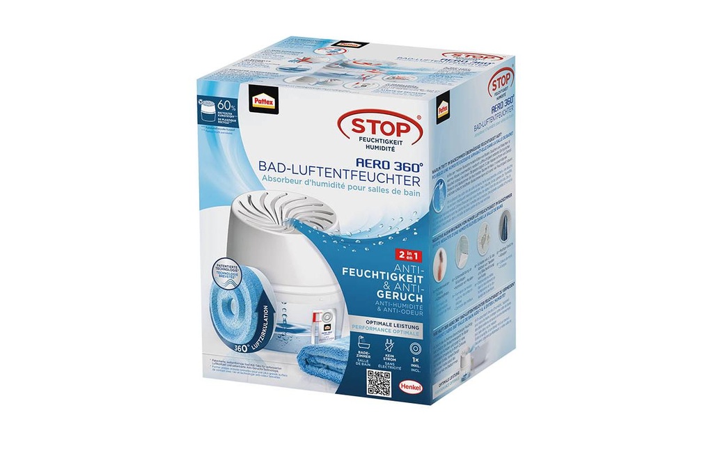 Pattex Aero 360° appareil de bain, déshumidificateur avec tab 450 g 20 m²