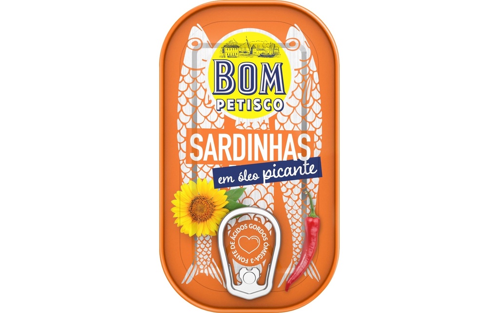 Bom Petisco Sardines à l'huile végétale piquante 120 g