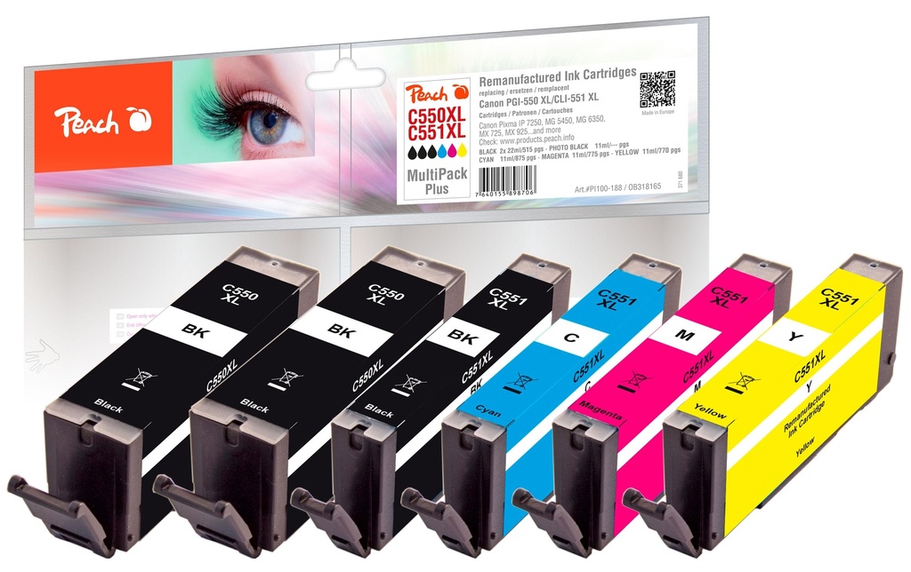 Peach Encre Canon PGI-550XL/CLI-551XL,Multi-Plus C, M, Y, BK, PHBK