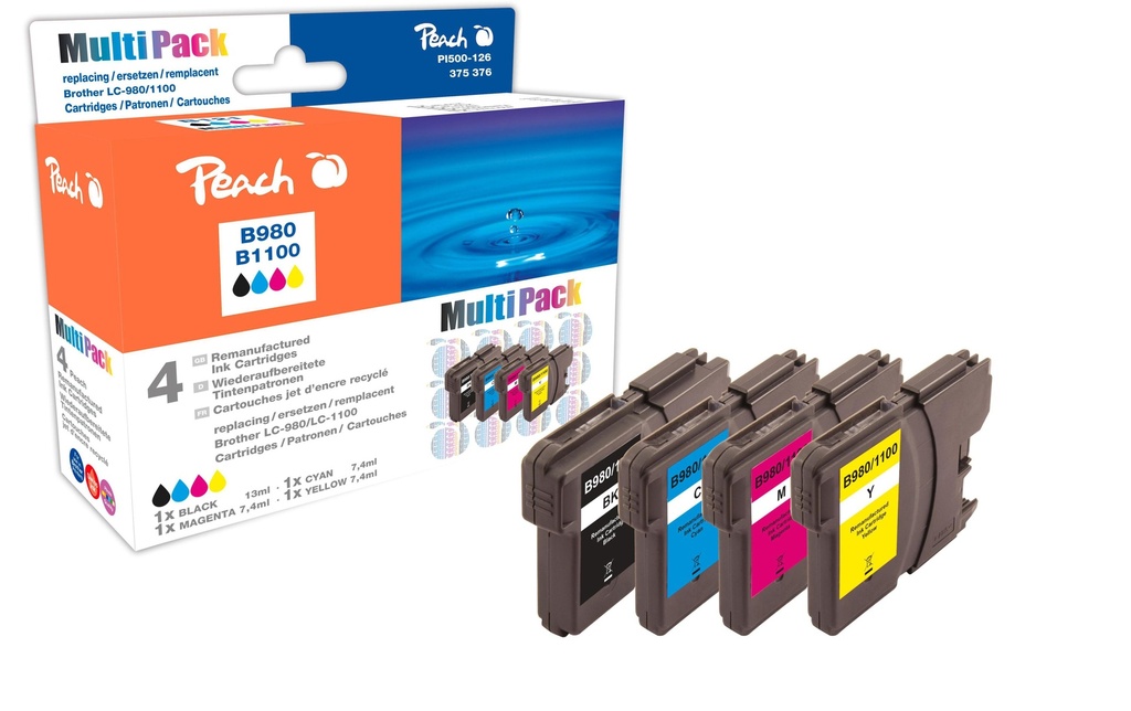 Peach Kits d’encre Brother LC-1100/980 BK, C, M, Y