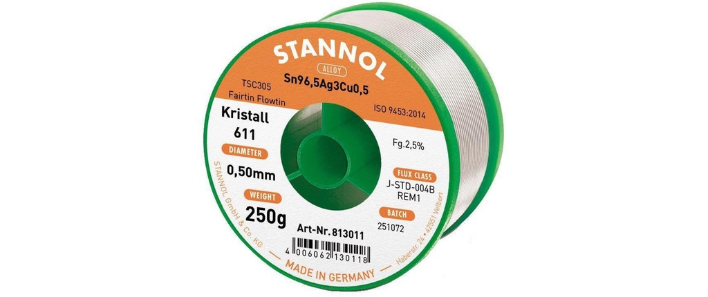 Stannol Étain à braser Kristall 611 TSC Ø 0.5 mm 250 g