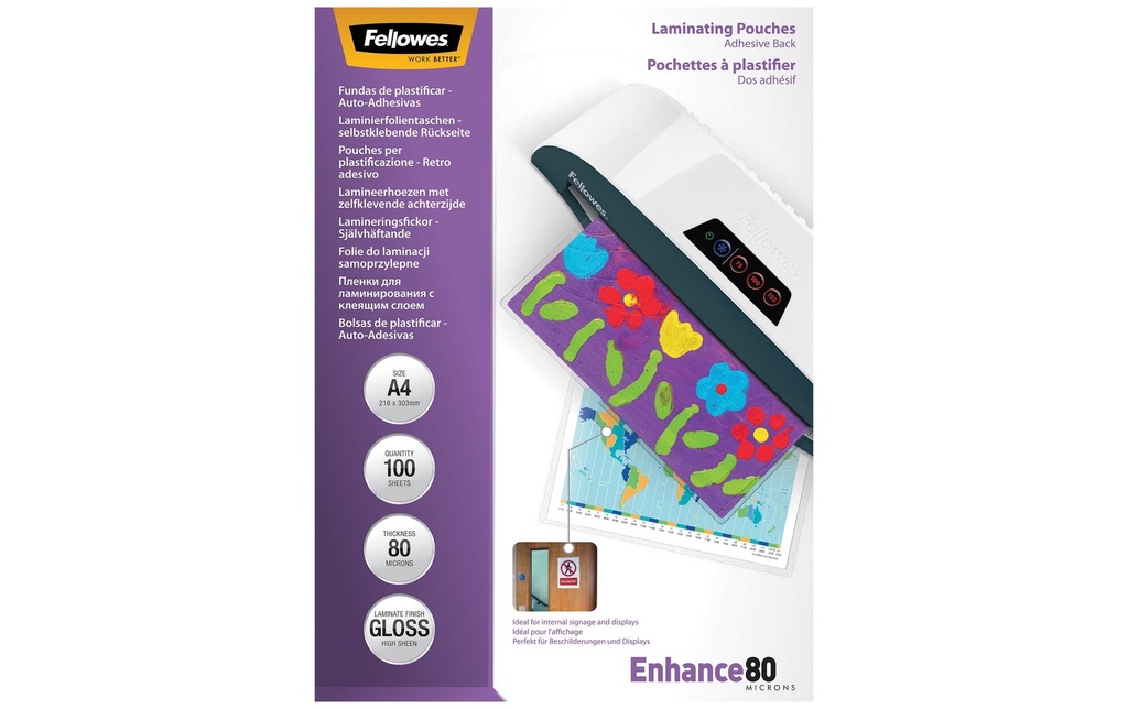 Fellowes Film laminé A4, 80 µm, 100 pièces, Brillant, Autoadhésif