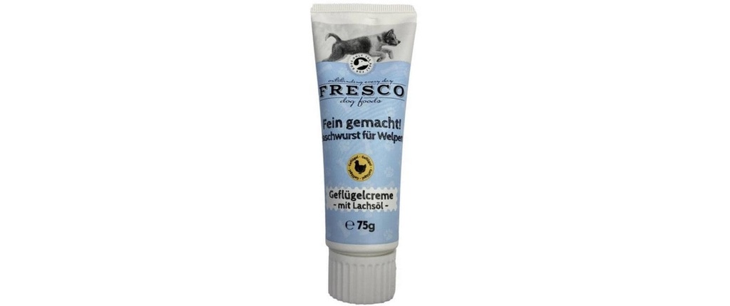 FRESCO Friandise Saucisse gourmande chiots crème de volaille & huile de saumon, 75 g