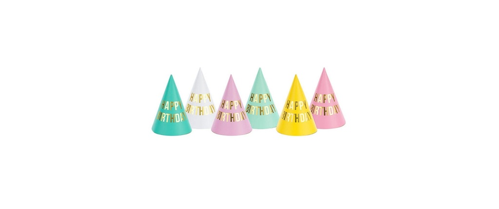 Partydeco Chapeaux de fête Happy Birthday couleur pastel, 16 x 11 cm, 6 pièces