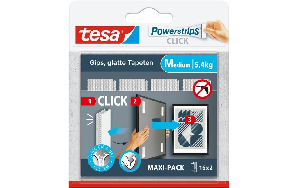 tesa Pastille adhésive Powerstrips CLICK Medium - 16 x 2 Pièces 5.4 kg