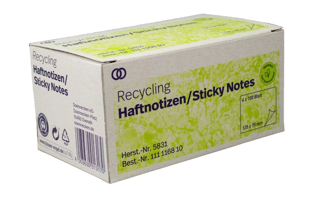 Soennecken Fiche de bloc-notes oeco Recycling, 12.5 x 7.5 cm, 6 pièces, jaune