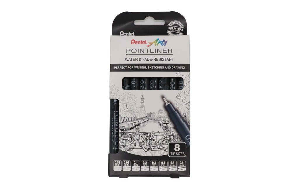 pentel Fineliner Pigment Pointliner Noir, Lot de 8