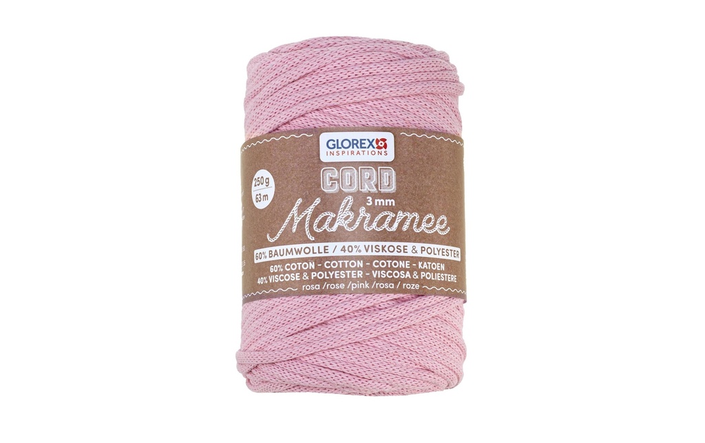 Glorex Laine Cordon de macramé tissé 63 m x 3 mm, 250g, rose