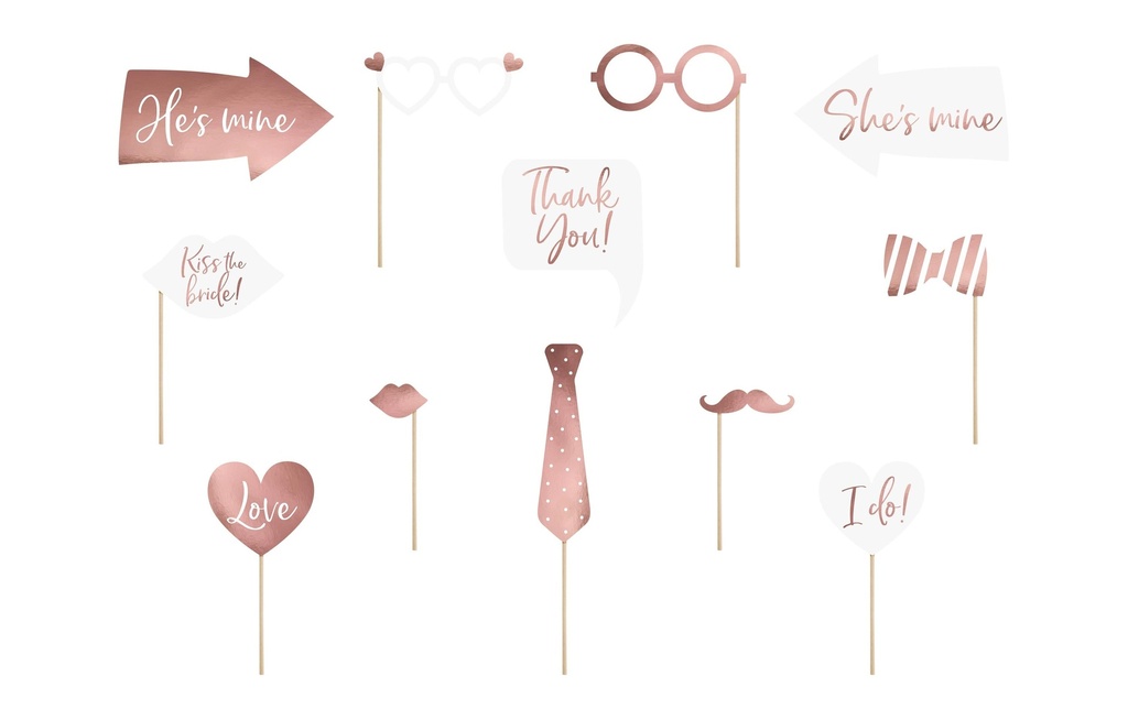Partydeco Accessoires de mariage Kit Photo Booth 12 pièces, or rose