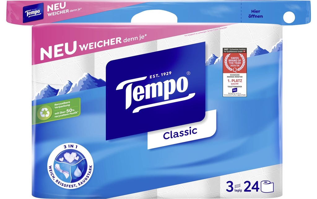 Tempo Papier toilette Classic  rouleaux à 3 couches, Blanc