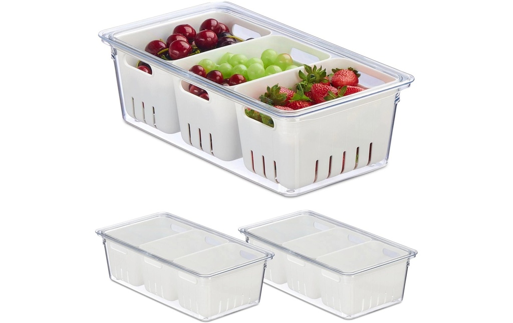 relaxdays Bac organiseur pour réfrigérateur 600 g, 3 pièces, transparent/blanc