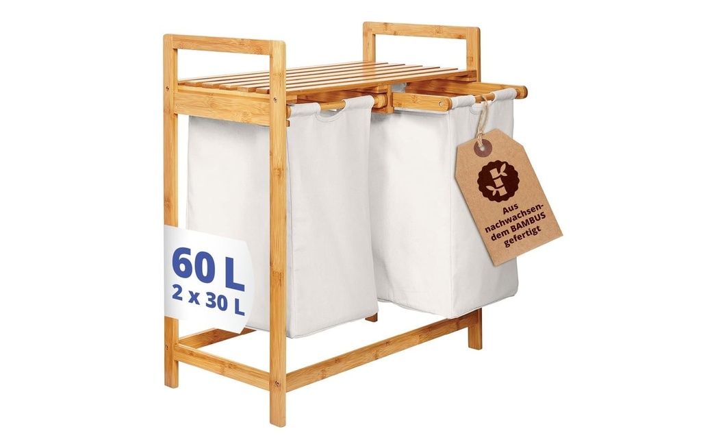 Lumaland Corbeille à linge Bambou 60 l, Brun/Blanc