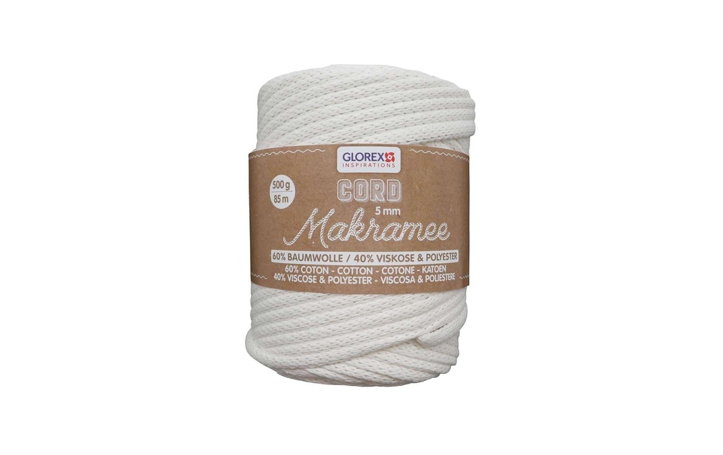 Glorex Laine Cordon de macramé tissé 85 m x 5 mm, 500 g, Blanc