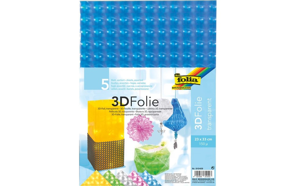 Folia Film 3D, 23 x 33 cm, 5 feuilles, transparent, couleurs assorties