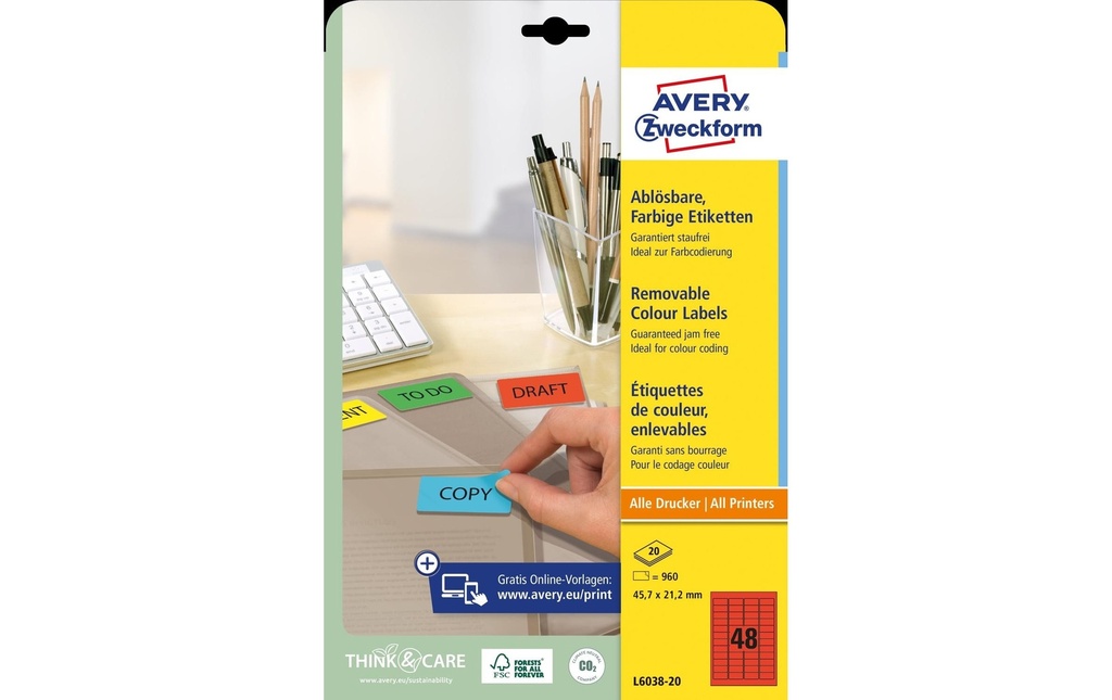 Avery Zweckform Étiquettes universelles non-permanent Rouge, 20 feuille