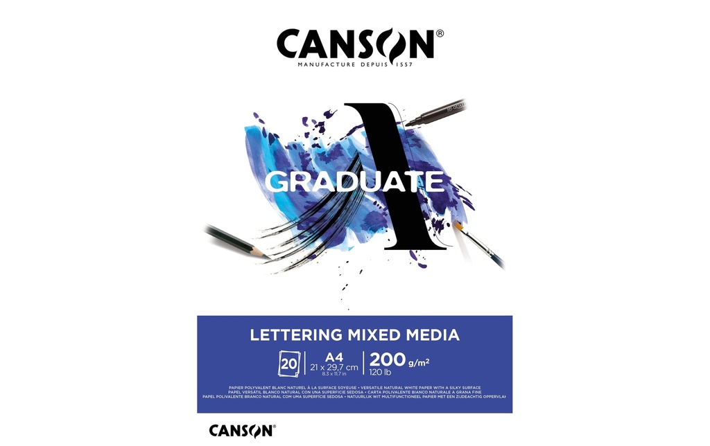 Canson Carnet de dessin Graduate Lettering Mixed Media A4, 20 feuilles