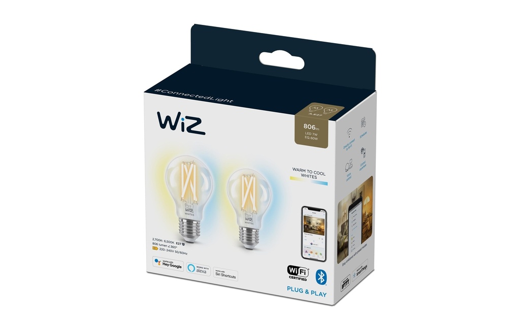 WiZ Ampoules 7W (60W) E27 A60 Filament Clear double pack