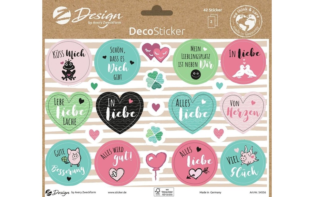 Z-Design Autocollant à motif A5 Déco Amour + bonheur, Multicolore, 42 autocollants