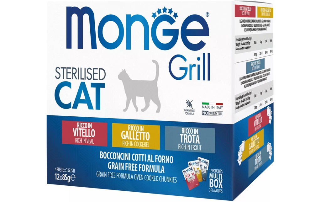 Monge Alimentation humide Grill Adult Multi Veau, Poulet & Truite, 12x85g