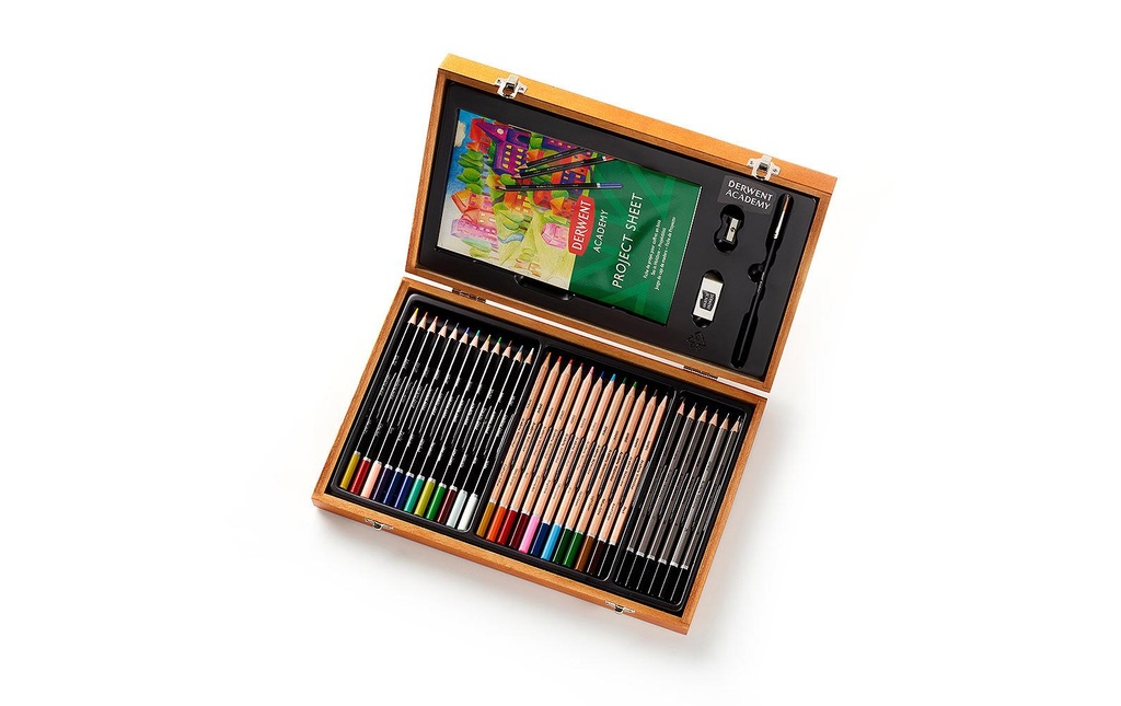 Derwent Set cadeau de peinture Academy dans une boîte en bois, 35 pièces