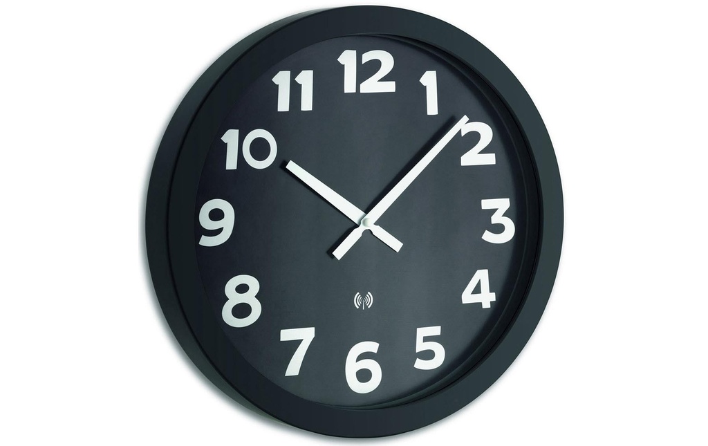 TFA Dostmann Horloge murale radio XL avec cadre métallique 40 cm, Noir/Argenté