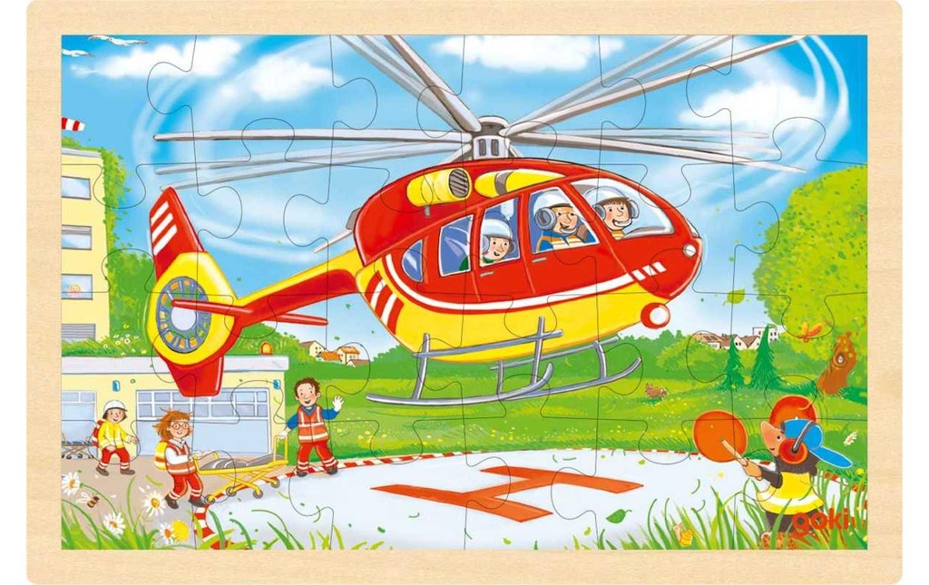 Goki Puzzle à assembler Hélicoptère/Pompier en bois 24 pièces 30 x 20 cm