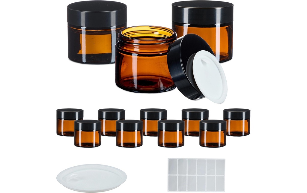 relaxdays Pot à pommade en verre brun 60 ml, 12 pièces