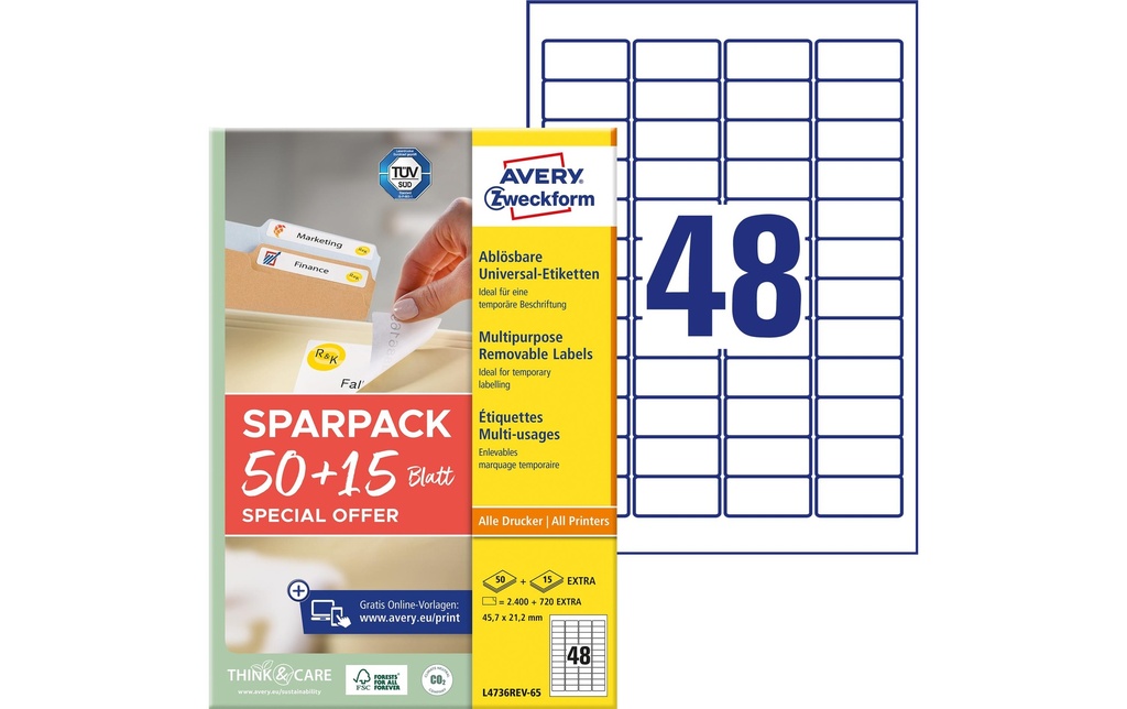 Avery Zweckform Étiquettes universelles L4736REV-65, 45.7 x 21.2 mm, 65 feuille
