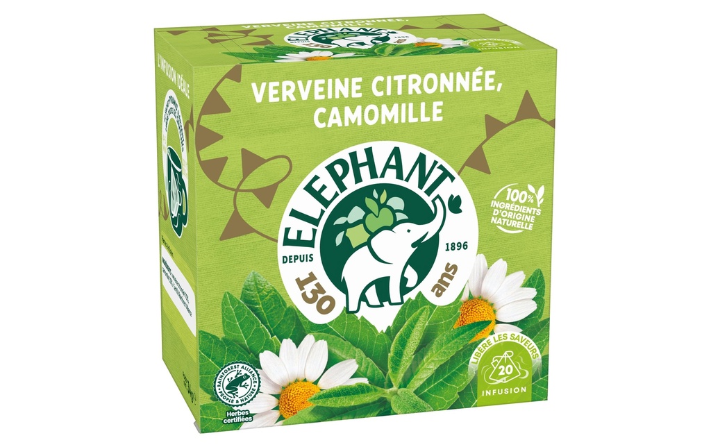 Eléphant Sachet de thé Verveine Citronnée, Camomille 20 pièces