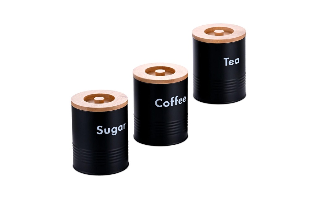 relaxdays Boîte pour le café, le thé et le sucre Set de 3 pièces, noir