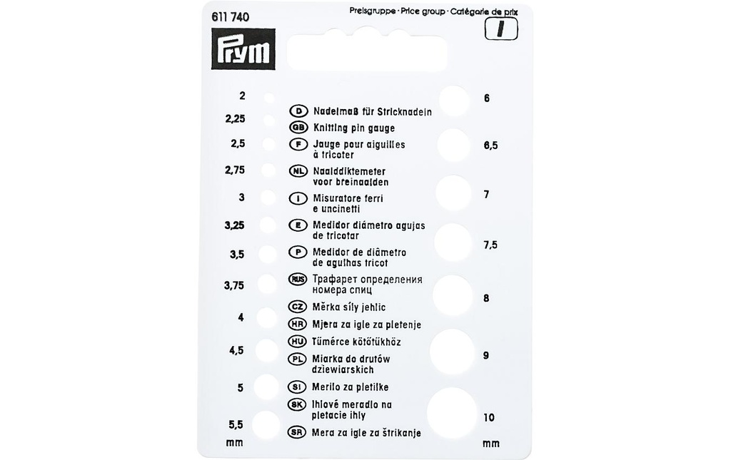 Prym Jauge à aiguille pour déterminer la taille des aiguilles à tricoter, 1 pièce